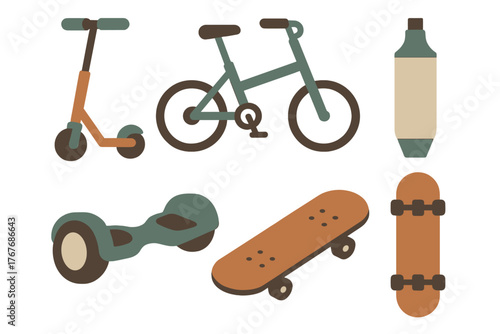 Modern personal transportation devices set including bicycle scooter hoverboard and skateboard