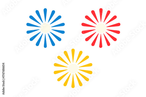 Set of three abstract sunburst flower shapes featuring bold blue, red, and yellow primary colors