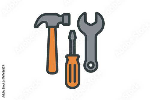 Basic set of construction and maintenance equipment featuring a hammer, screwdriver, and wrench