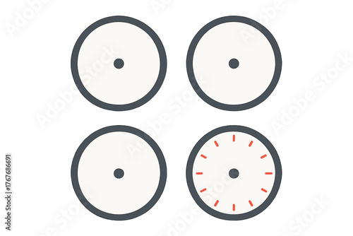 Minimalist set of four circular clock dials with dark borders and red hour markings