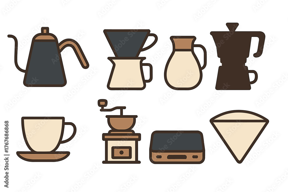 Fototapeta premium Set of manual coffee brewing tools including kettle, grinder, dripper, Moka pot, and scale