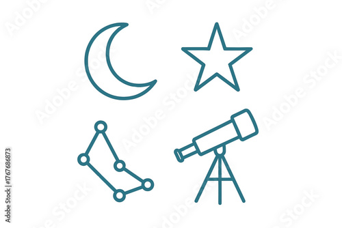 Outline symbols of astronomy and space exploration including the moon, star, constellation, and telescope
