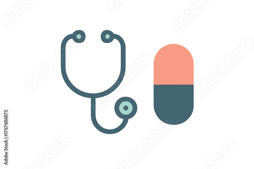 Minimalist flat design featuring a stethoscope and a two-tone medical capsule pill
