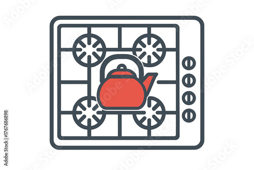 Traditional red teapot centered on a four-burner kitchen gas stove cooktop appliance