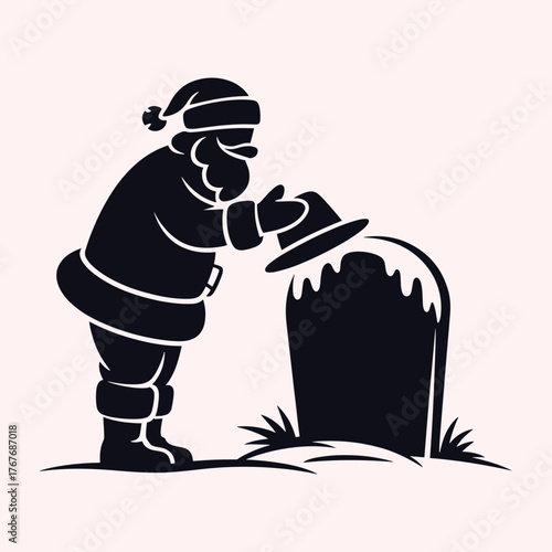 Santa Claus silhouette placing hat on snowy tombstone christmas grave