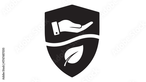 Volunteer Badge with Shield, Hand, and Leaf Cut-Outs, Minimal Black Service Emblem for Events, Community Programs, and Holiday Outreach