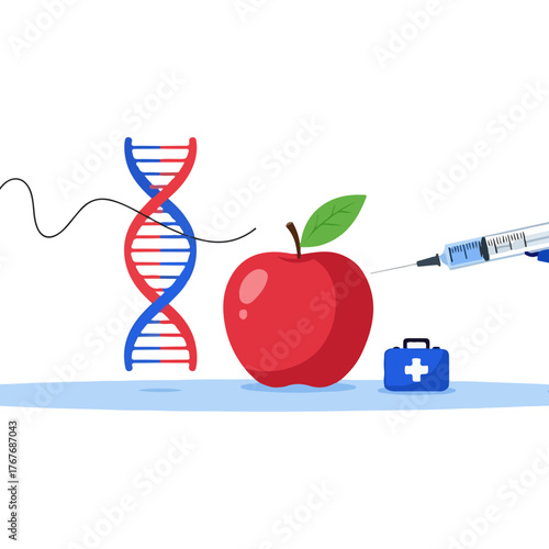 Genetic engineering of apple with DNA helix, syringe injection, and medical kit illustration on a white background