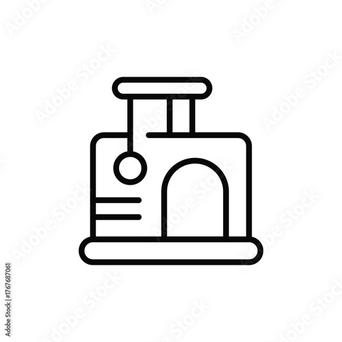 A black line drawing depicts a cat tree It has platforms a scratching post and a dangling ball