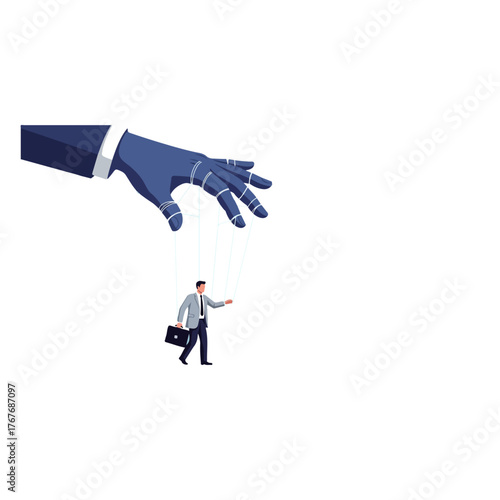 Puppet businessman controlled by a giant hand, symbolizing corporate control, manipulation, and unseen forces influencing decisions in business.