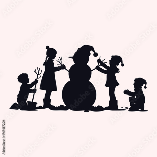 Silhouette of children building a snowman wearing winter hats and coats vector