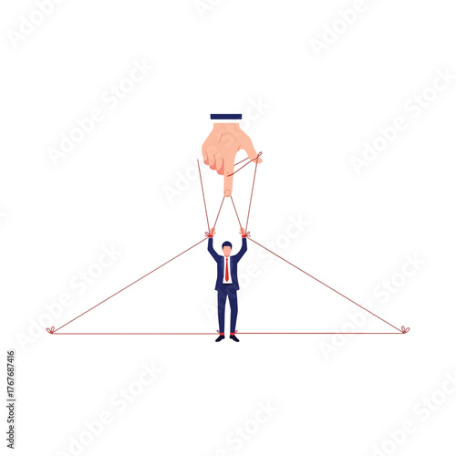 Puppet Master Hand Controlling Businessman with Strings in a Conceptual Metaphor of Control and Manipulation