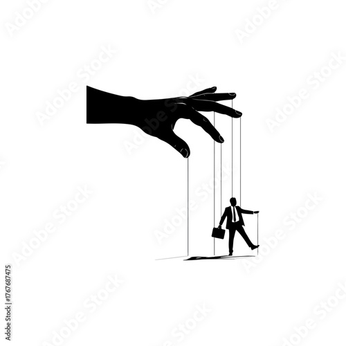 Silhouette of a businessman puppet controlled by a giant hand, symbolizing manipulation and control in the corporate world.