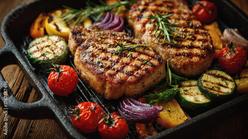 Juicy pork chops sizzling on a grill, topped with a flavorful glaze and served with a side of fresh vegetables and crispy potato wedges.