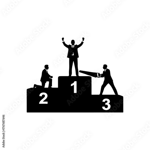 Business competition podium winner celebrating victory while rival tries to saw off the platform success concept