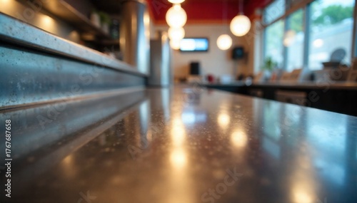 Wallpaper Mural Stainless steel diner counter, glistening perfectly, reflecting overhead lights, minimalist, sterile. An ultra clean, high angle shot looking down at a perfectly polished stainless steel diner Torontodigital.ca