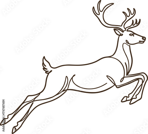 Leaping deer line drawing with antlers, elegant wildlife silhouette illustration, festive reindeer artwork, cad drawing flat vector design