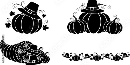 Four Black Thanksgiving Graphic Elements with Pumpkins and Pilgrim Hat on White vector

