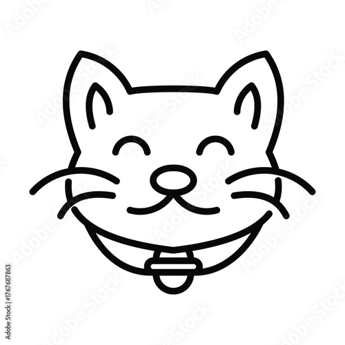 A black line drawing of a cats head with large eyes whiskers and a collar
