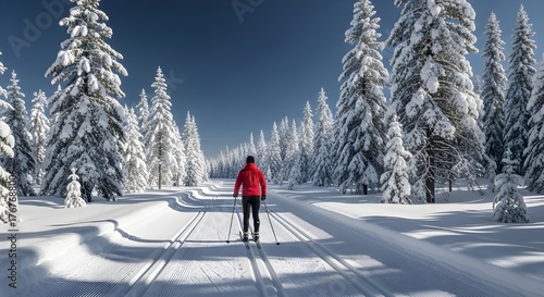 Lone skier in a vibrant red jacket traverses a snowy forest path with tall snow covered pine trees under a clear blue sky