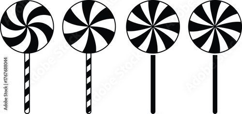 Lollipop silhouettes with spiral candy designs, sweet dessert illustration set, confectionery artwork, whimsical food design, cad drawing flat vector design