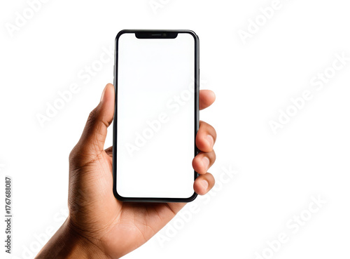 Hand holding smartphone mockup with blank white screen isolated on white background for mobile phone ui app or website design in hands front view.
