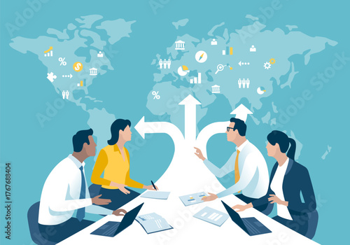 Global investment diversification The business team sits at a table in the shape of an arrow pointing to a map points. Business vector illustration. 