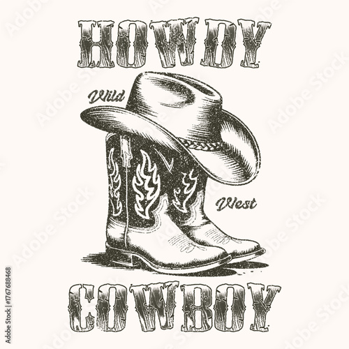 howdy cowboy. Vintage Western vector graphic with cowboy boots, a hat, and rustic typography reading "Howdy" Perfect for t-shirts, posters, and retro-style designs. Vintage western cowboy illustration