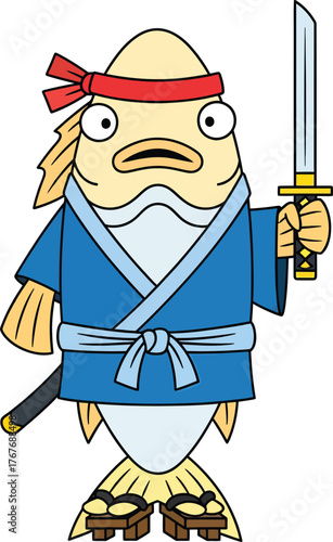 Samurai Fish Character | Clean Flat Vector Illustration | Funny Japanese Cartoon Design 