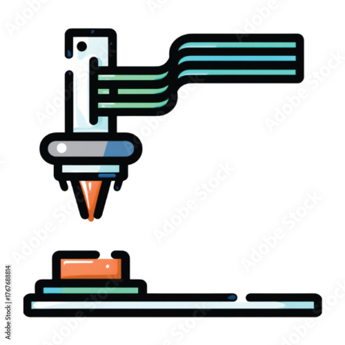 A stylized icon of a 3D printer head extruding material to build a small object layer by layer on a platform.