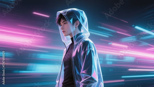 Portrait of a person wearing a transparent hoodie under vibrant neon lights, side profile view