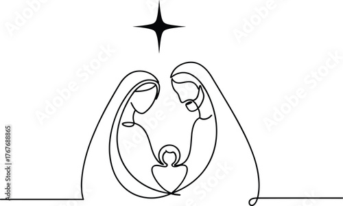 Nativity scene with Mary, Joseph and child under star, minimalist religious Christmas illustration, spiritual holiday artwork, cad drawing flat vector design