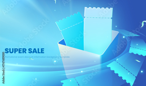 Horizontal super promotion discount gift box opened with a blue background template