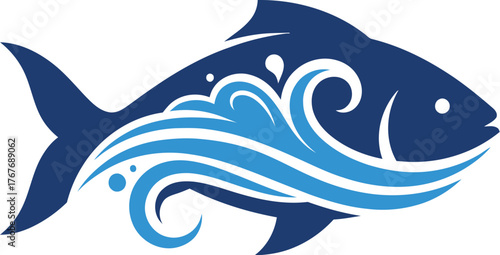 Fish ocean sea water waves marine life aquatic animal blue logo symbol icon