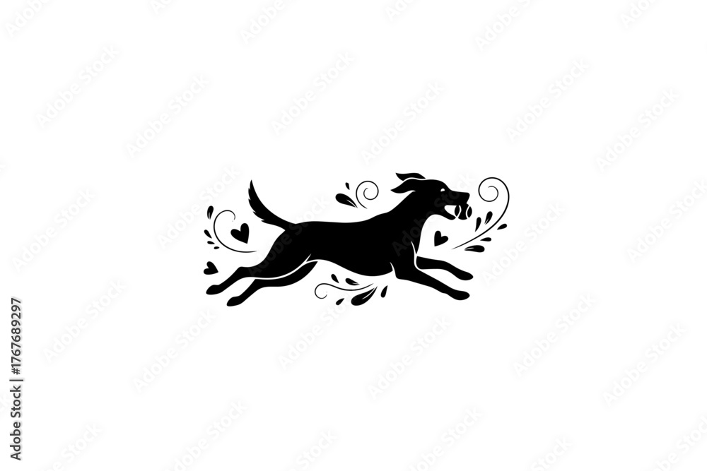 Fototapeta premium Silueta de un perro: un perro jugando con una pelota, vista de perfil, romántico, elegante, blanco y negro, diseño minimalista, ilustración vectorial. 