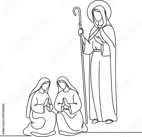 Saint with halo and shepherd staff, kneeling women in prayer, minimalist religious devotion illustration, spiritual worship artwork, cad drawing flat vector design