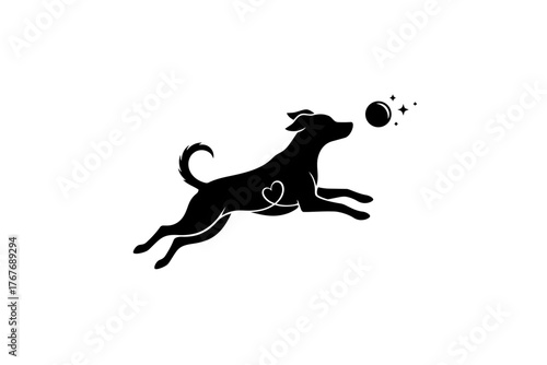  Silueta de un perro: un perro jugando con una pelota, vista de perfil, romántico, elegante, blanco y negro, diseño minimalista, ilustración vectorial. 