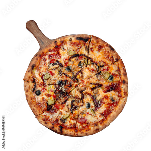 Vegetarian Delicious pizza with champignon mushrooms, tomatoes, mozzarella,rucola, peppers and black olives, isolated on white background for project pizza on a wooden board