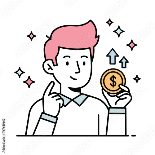 A young man holding a gold dollar coin, symbolizing successful investment strategy, financial growth, and profit