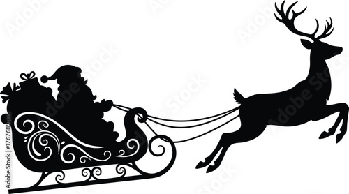Santa Claus in sleigh with reindeer silhouette, Christmas holiday illustration, festive seasonal artwork, cad drawing flat vector design