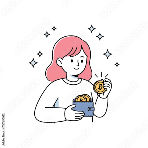 A young woman happily holding a physical cryptocurrency coin and a wallet full of digital currency, a simple line art vector illustration