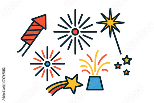 Colorful pyrotechnic elements set with rockets, starbursts, and exploding firecrackers