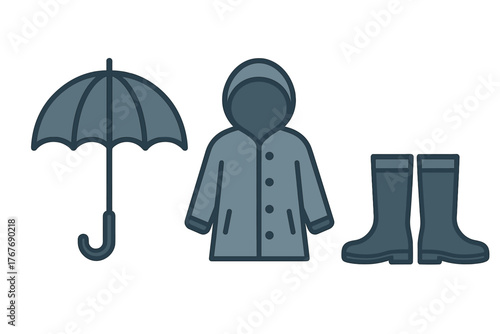 Set of essential items for rainy weather including umbrella, hooded coat, and rubber boots