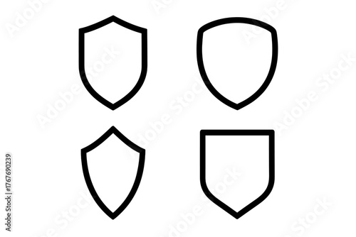 Collection of simple black line shield shapes representing safety, security, and protection concepts