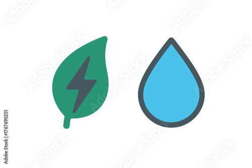 Green leaf icon with lightning bolt and blue water drop symbol representing sustainable energy and natural resources