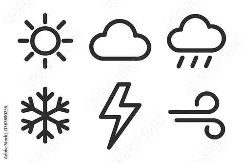 Six essential weather forecast symbols: sun, cloud, rain, snow, lightning, and wind