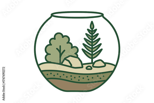Stylized round glass terrarium containing a miniature ecosystem with various plants and soil layers