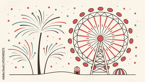 Ferris wheel drawing fireworks celebration carnival illustration fairground festive event amusement park sketch