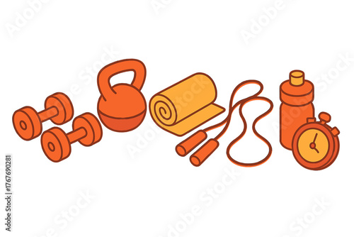 Isometric set of workout accessories featuring dumbbells, kettlebell, yoga mat, jump rope, and stopwatch