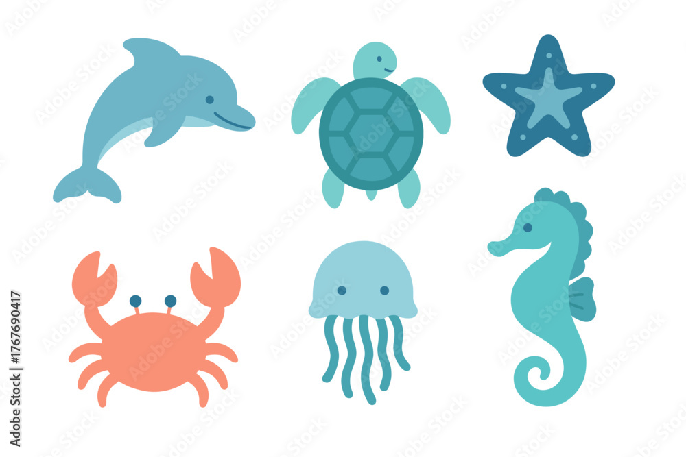 Fototapeta premium Adorable flat design sea creatures set: dolphin, turtle, starfish, crab, jellyfish, seahorse