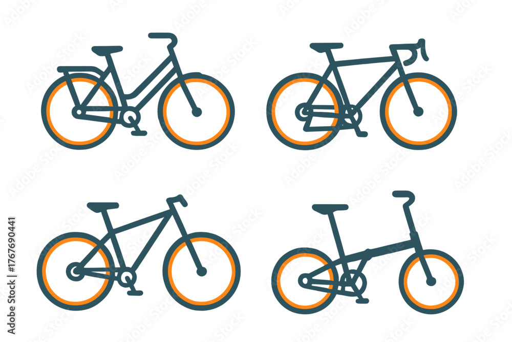 Obraz premium Four different types of bicycles: city, road, mountain, and folding bikes